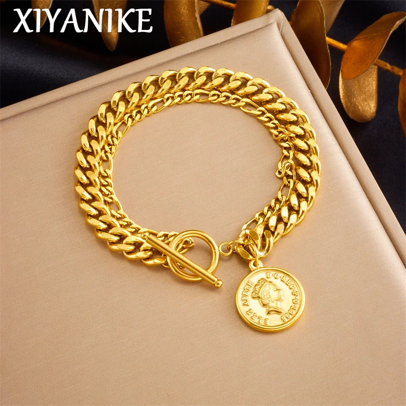 316L Stainless Steel Portrait Coin Bracelet for Women