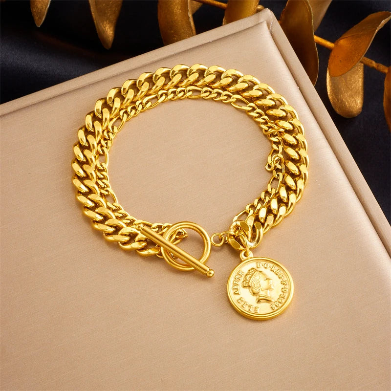 316L Stainless Steel Portrait Coin Bracelet for Women