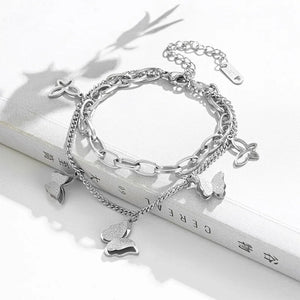 316L Stainless Steel Heart Bead Butterfly Double Layer Bracelet