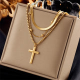 316L Stainless Steel Necklace Cross Double Chain for Women