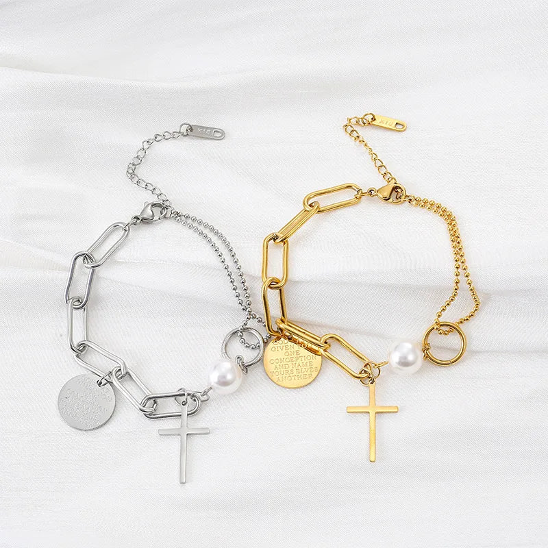 316L Stainless Steel Pearl Tag Geometric Bracelet Women Gift Party