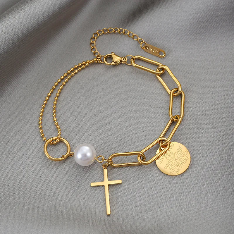 316L Stainless Steel Pearl Tag Geometric Bracelet Women Gift Party
