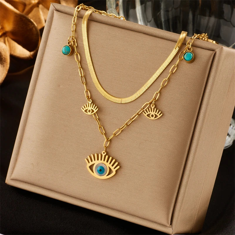 Double Layer Eye Shape Pendant Women Necklace European Girls Jewelry