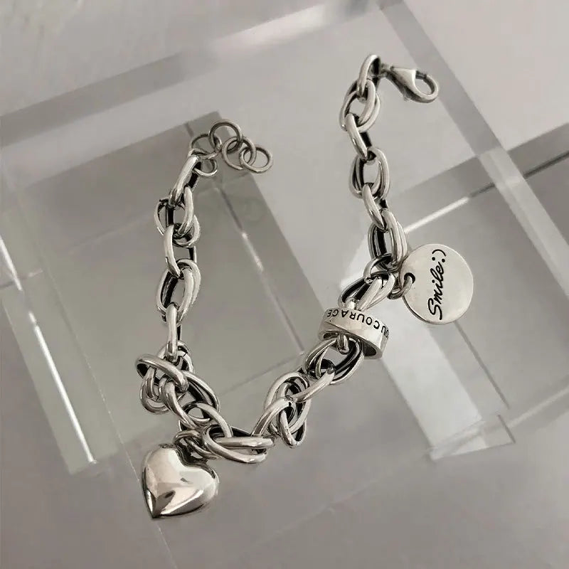 Hot Love Heart Chain Bracelet INS Retro Silver Jewelry