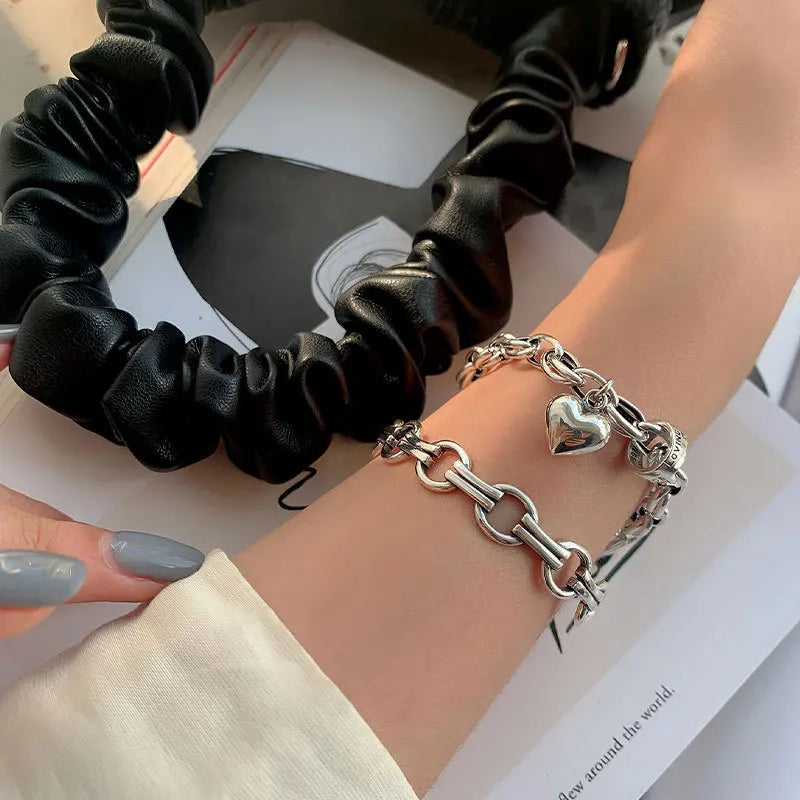 Hot Love Heart Chain Bracelet INS Retro Silver Jewelry