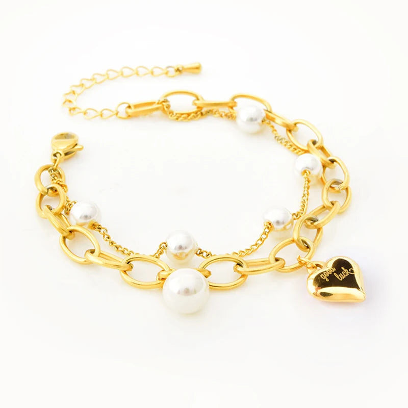 Women Stainless Steel Heart Shape Pearl Bracelet Chain