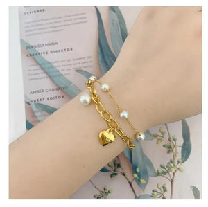 Women Stainless Steel Heart Shape Pearl Bracelet Chain