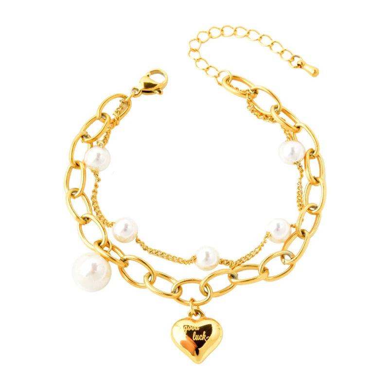 Women Stainless Steel Heart Shape Pearl Bracelet Chain