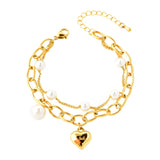 Women Stainless Steel Heart Shape Pearl Bracelet Chain