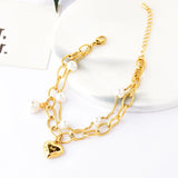 Women Stainless Steel Heart Shape Pearl Bracelet Chain