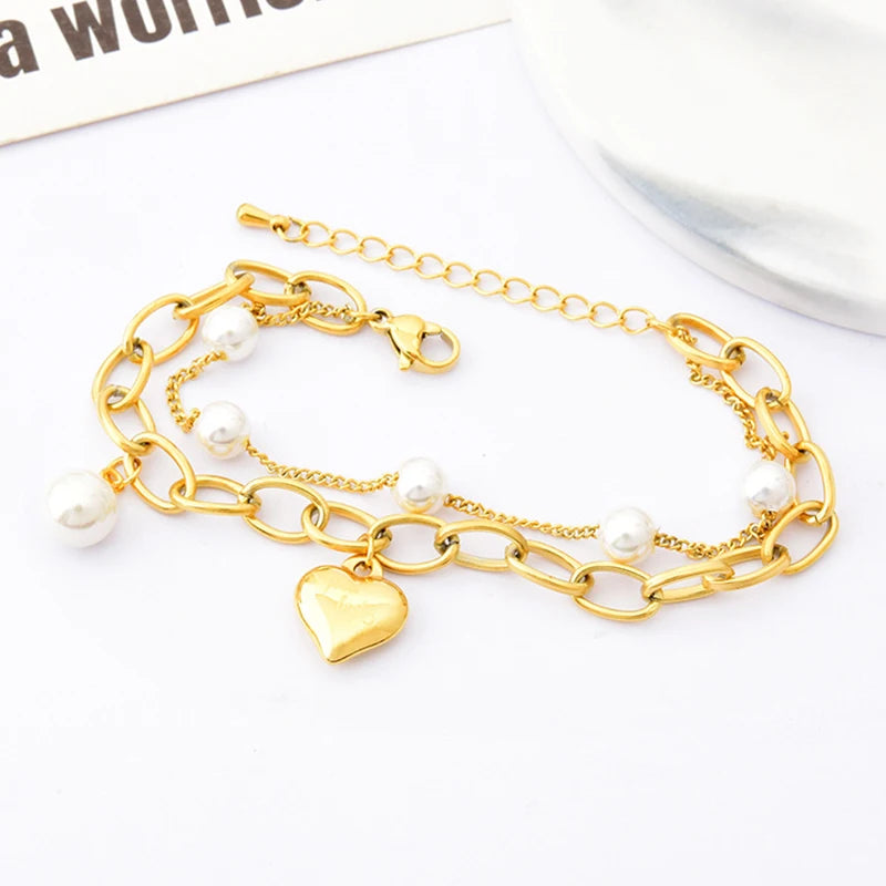 Women Stainless Steel Heart Shape Pearl Bracelet Chain