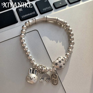 Rabbit Love Heart Bamboo Beads Stretchy Bracelet For Women Girl