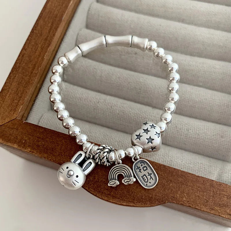Rabbit Love Heart Bamboo Beads Stretchy Bracelet For Women Girl