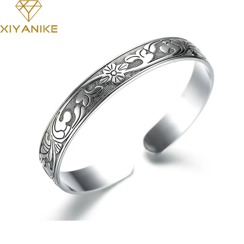 Vintage Plum Flower Silver Cuff Bracelet Women Thai Jewelry