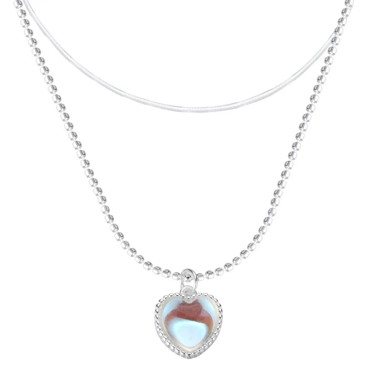 Silver Double Love Heart Moonstone Pendant Necklace Women