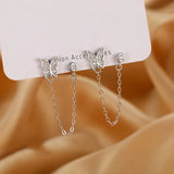 Silver Double Pierced Ears Long Chain Zircon Butterfly Stud Earrings Female