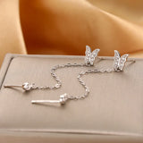 Silver Double Pierced Ears Long Chain Zircon Butterfly Stud Earrings Female