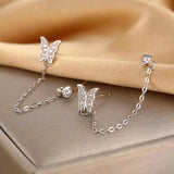 Silver Double Pierced Ears Long Chain Zircon Butterfly Stud Earrings Female