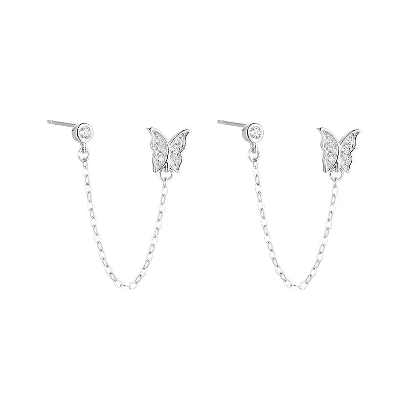 Silver Double Pierced Ears Long Chain Zircon Butterfly Stud Earrings Female