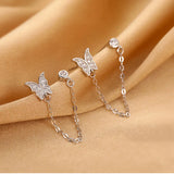 Silver Double Pierced Ears Long Chain Zircon Butterfly Stud Earrings Female