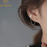 Silver Double Pierced Ears Long Chain Zircon Butterfly Stud Earrings Female