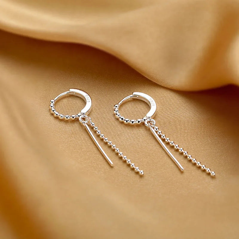 Silver Hoop Tassel Beads Drop Dangle Earrings for Women Girl Party Wedding
