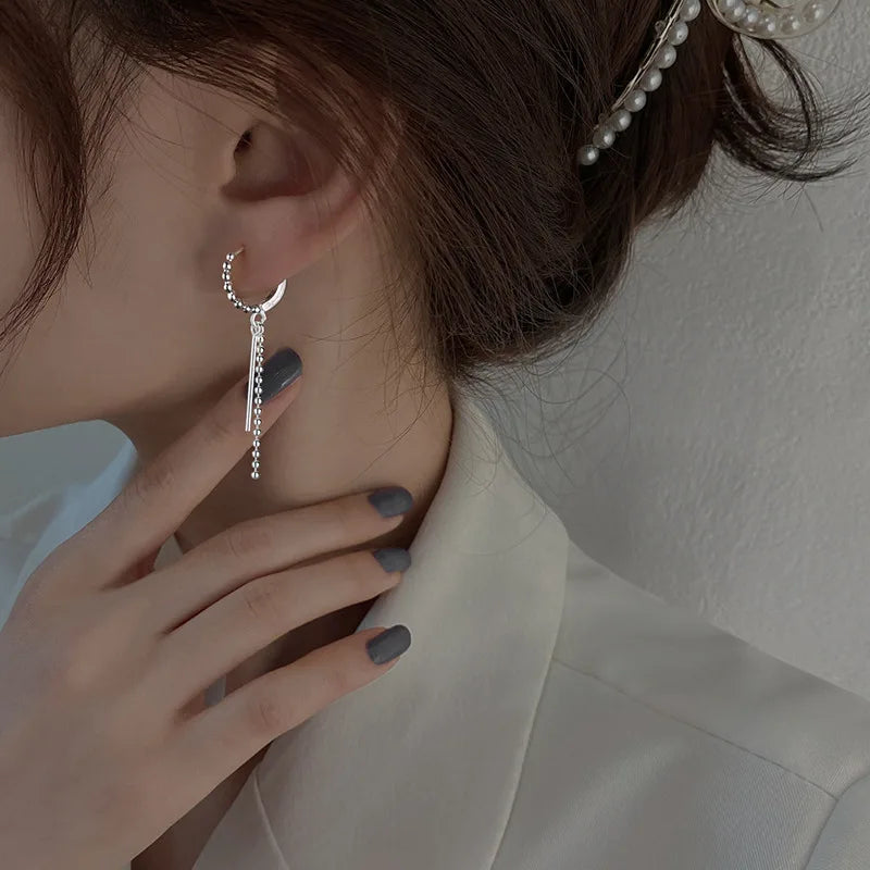 Silver Hoop Tassel Beads Drop Dangle Earrings for Women Girl Party Wedding