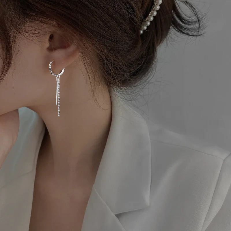 Silver Hoop Tassel Beads Drop Dangle Earrings for Women Girl Party Wedding