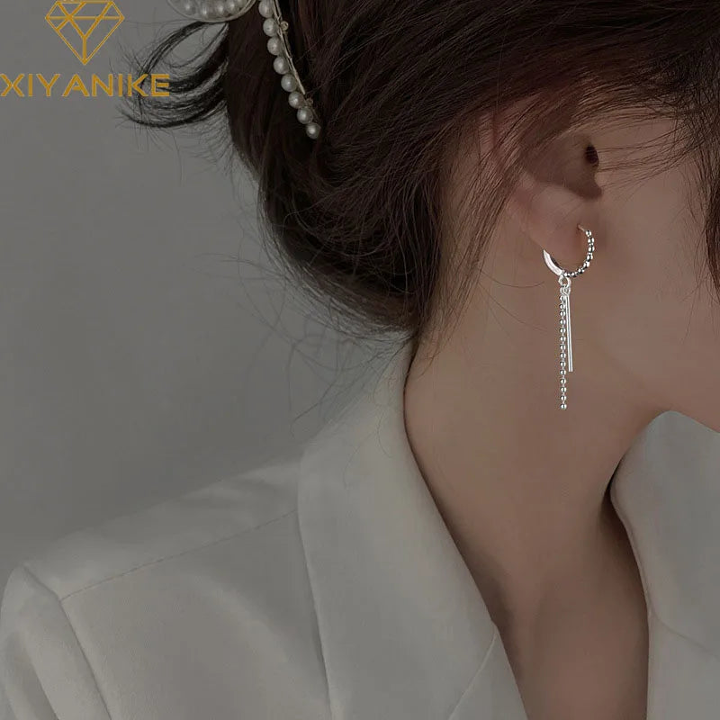 Silver Hoop Tassel Beads Drop Dangle Earrings for Women Girl Party Wedding