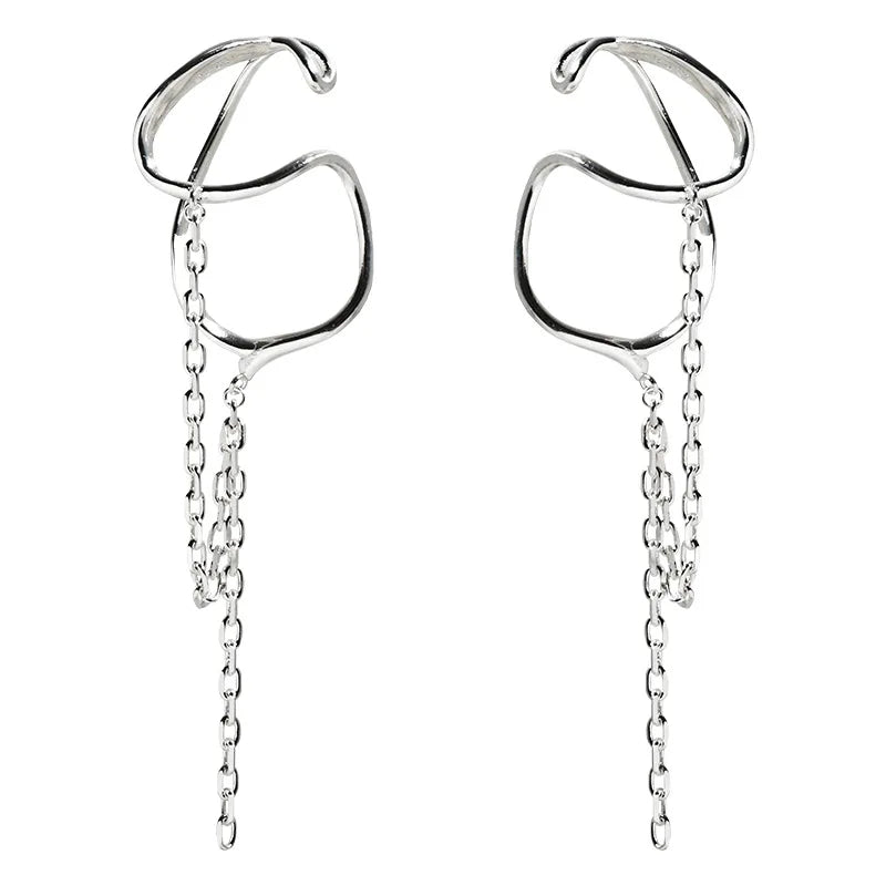 Silver Long Tassel Chain Earrings Clip Earring Hip Hop Party