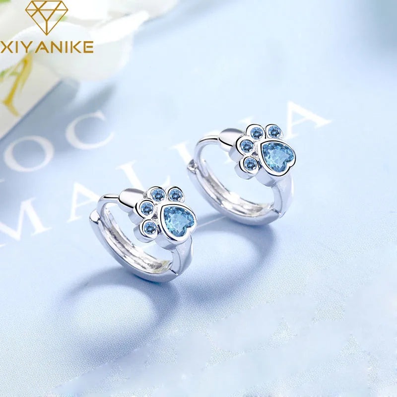 Silver Cat Paw Stud Earrings Zircon Party Jewelry Allergy-Free