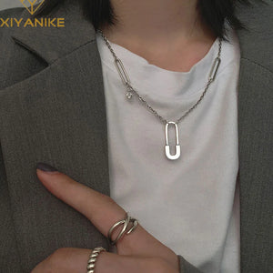 Silver Paper Clip Pendant Necklace Female Jewelry