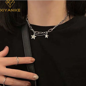 Silver Punk Sweater Chain Necklace Vintage Stars Thai Silver Jewelry
