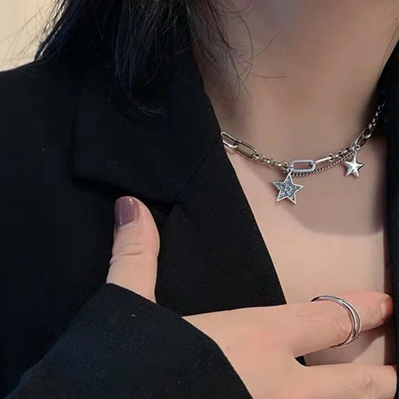 Silver Punk Sweater Chain Necklace Vintage Stars Thai Silver Jewelry