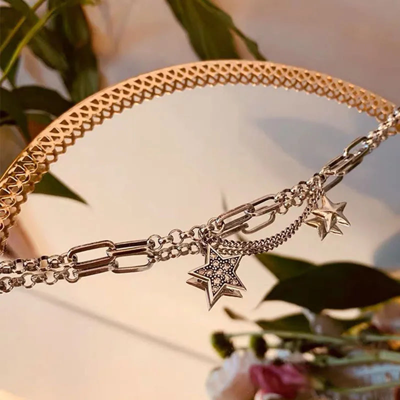 Silver Punk Sweater Chain Necklace Vintage Stars Thai Silver Jewelry