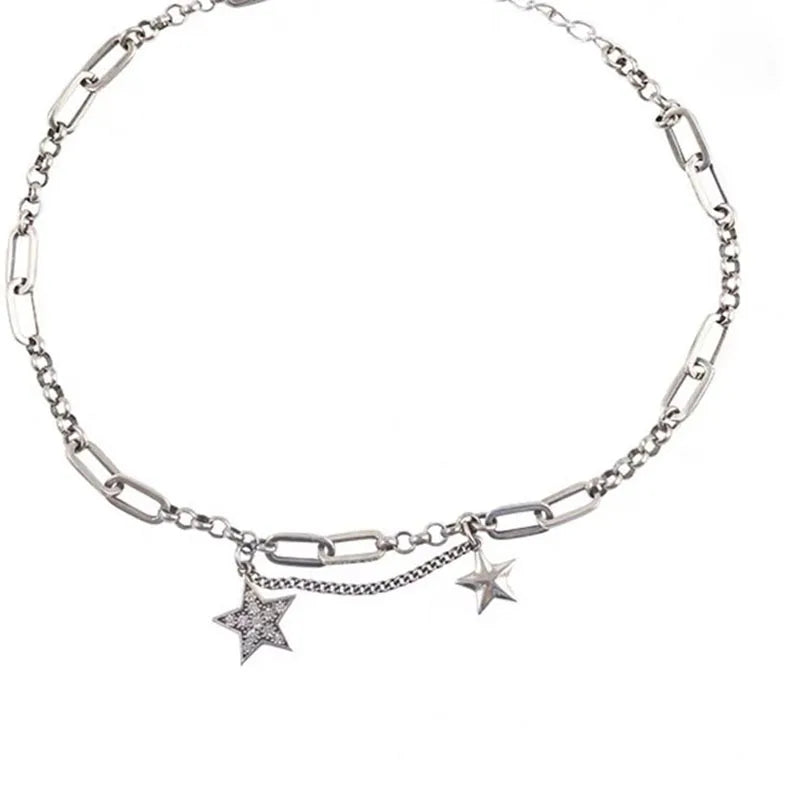 Silver Punk Sweater Chain Necklace Vintage Stars Thai Silver Jewelry