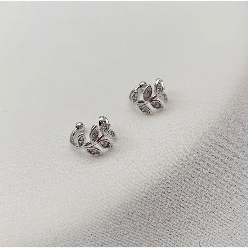 Silver Zircon Leaf Clip Earrings No Pierced Ear Female Adjustable
