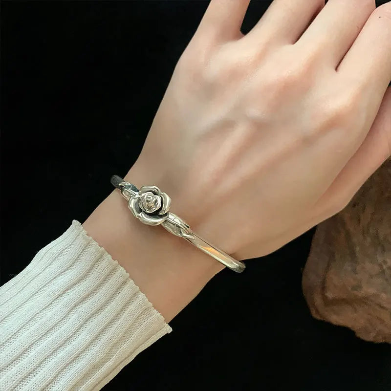 Vintage Rose Flower Bangle Bracelet Adjustable Charm Jewelry