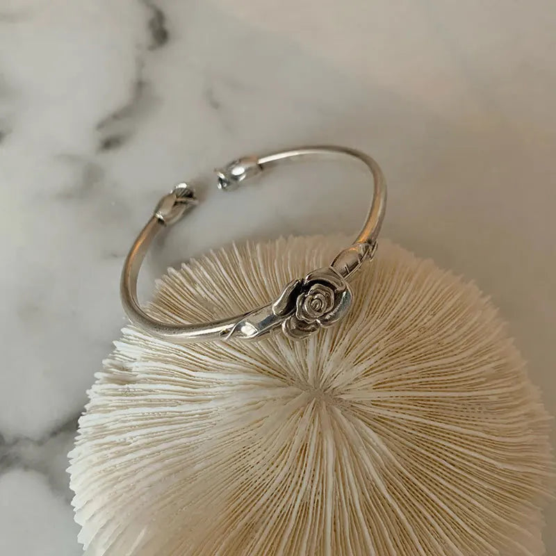 Vintage Rose Flower Bangle Bracelet Adjustable Charm Jewelry