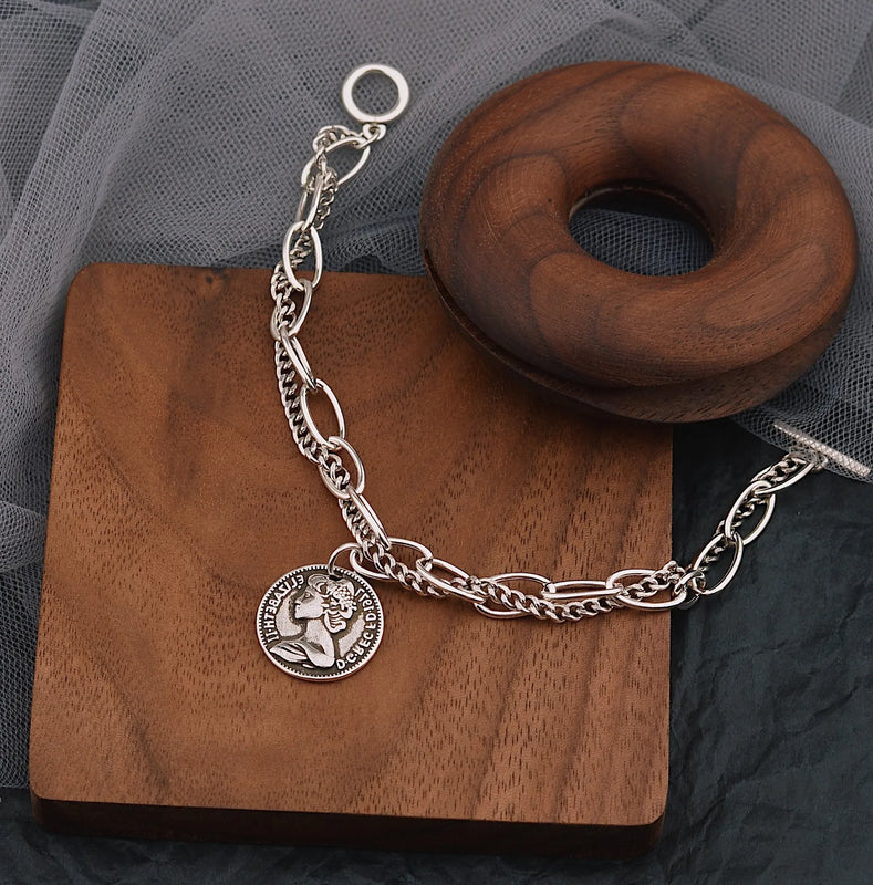 XIYANIKE Silver Round Portrait Pendant Double Chain Bracelet Women