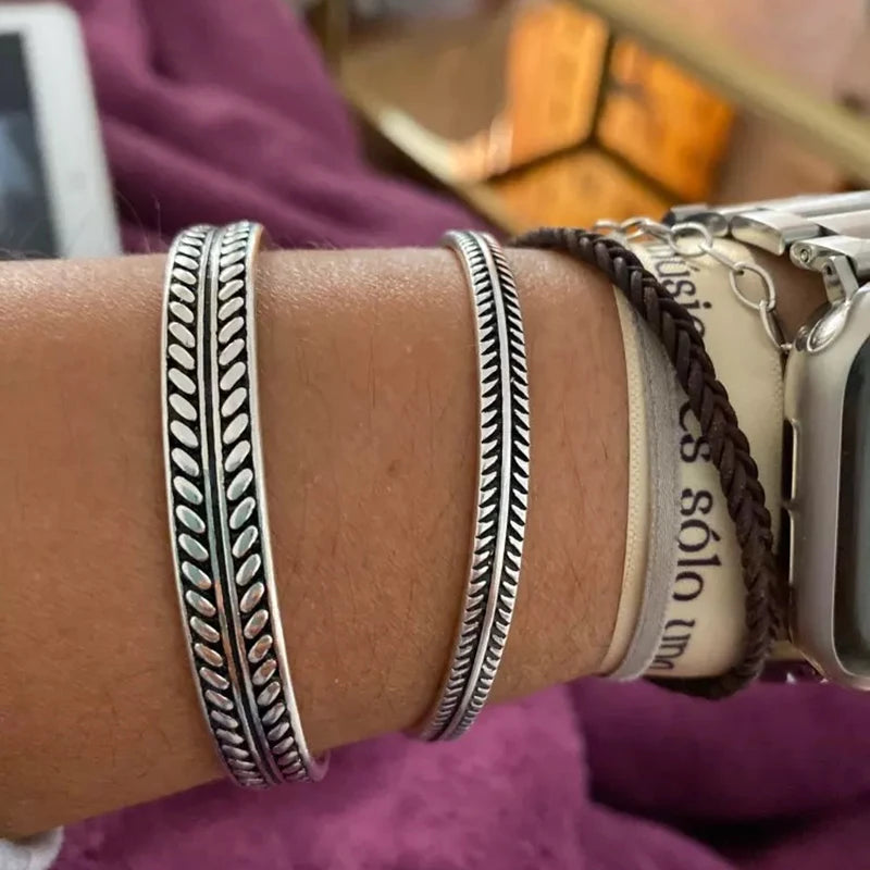 Vintage Thai Silver Feather Leaf Bangle Bracelet Cuff