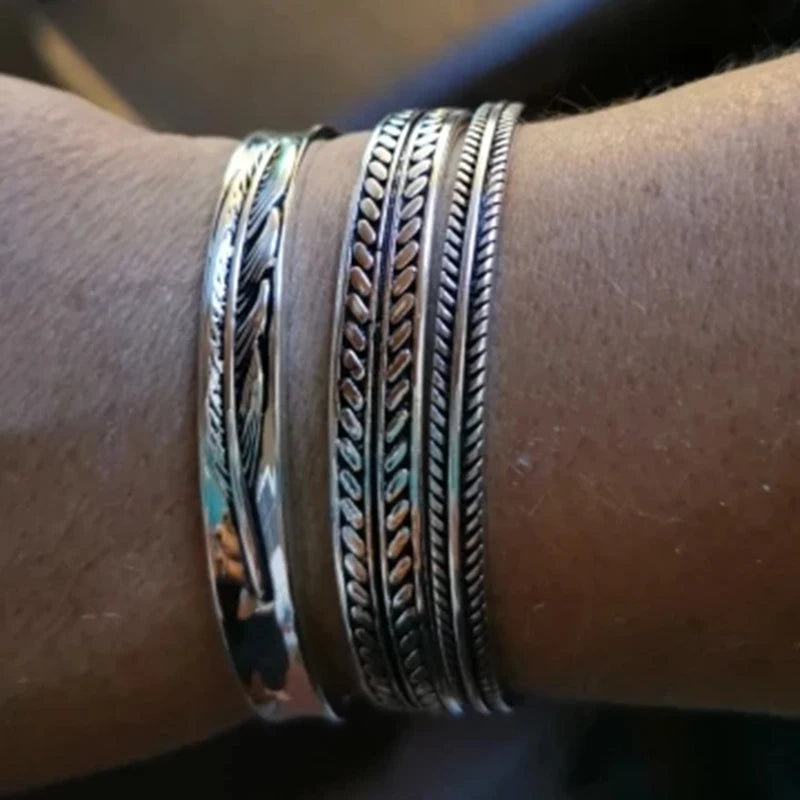 Vintage Thai Silver Feather Leaf Bangle Bracelet Cuff