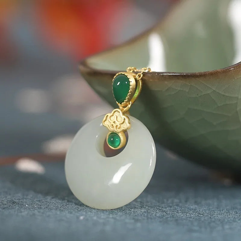 925 Sterling Silver Hetian Jade Lucky Buckle Necklace For Women