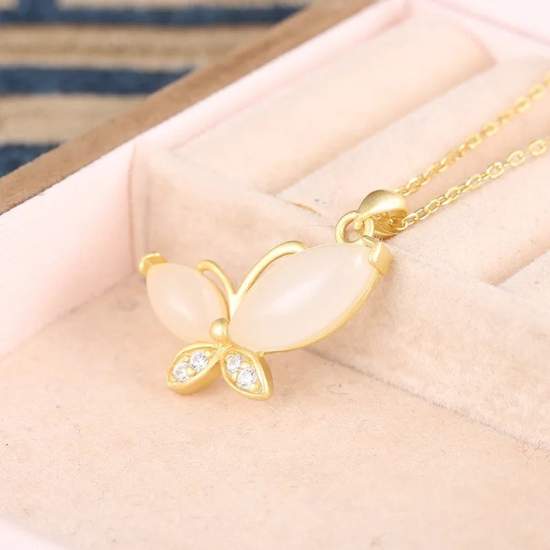 925 Sterling Silver Hetian Jade Butterfly Necklace for Women Wedding Jewelry