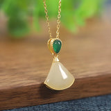 ZFSILVER S925 Sterling Silver Hetian Jade Retro Fan Skirt Necklace