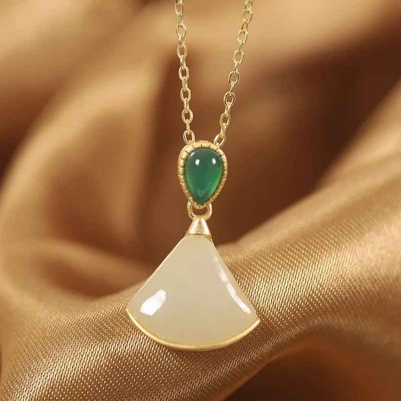 ZFSILVER S925 Sterling Silver Hetian Jade Retro Fan Skirt Necklace