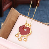 925 Silver Red Agate Dangle Ball Necklace Safty Lock