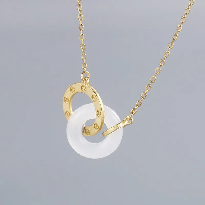 925 Sterling Silver Hetian Jade Double Circle Safty Lucky Buckle Necklace