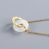 925 Sterling Silver Hetian Jade Double Circle Safty Lucky Buckle Necklace