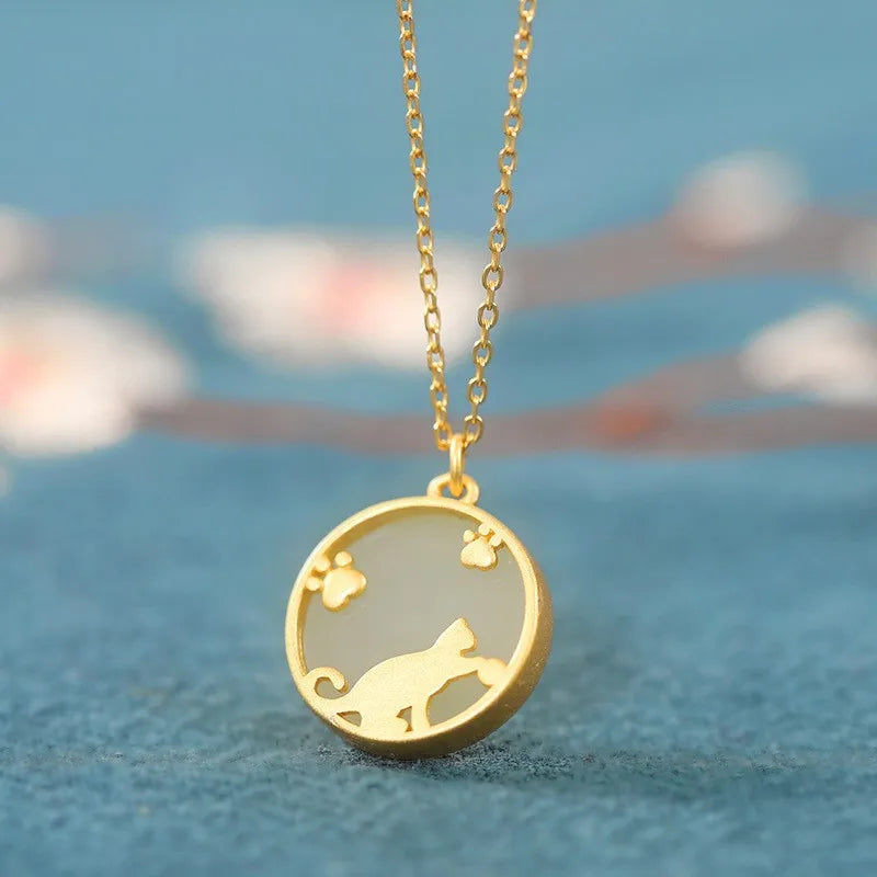 S925 Sterling Silver Hetian Jade Cat Paw Necklace Wedding Jewelry